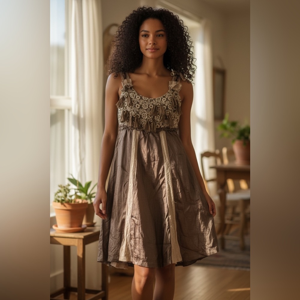 Radzoli Floral Lace Brown and Cream Mini Dress
